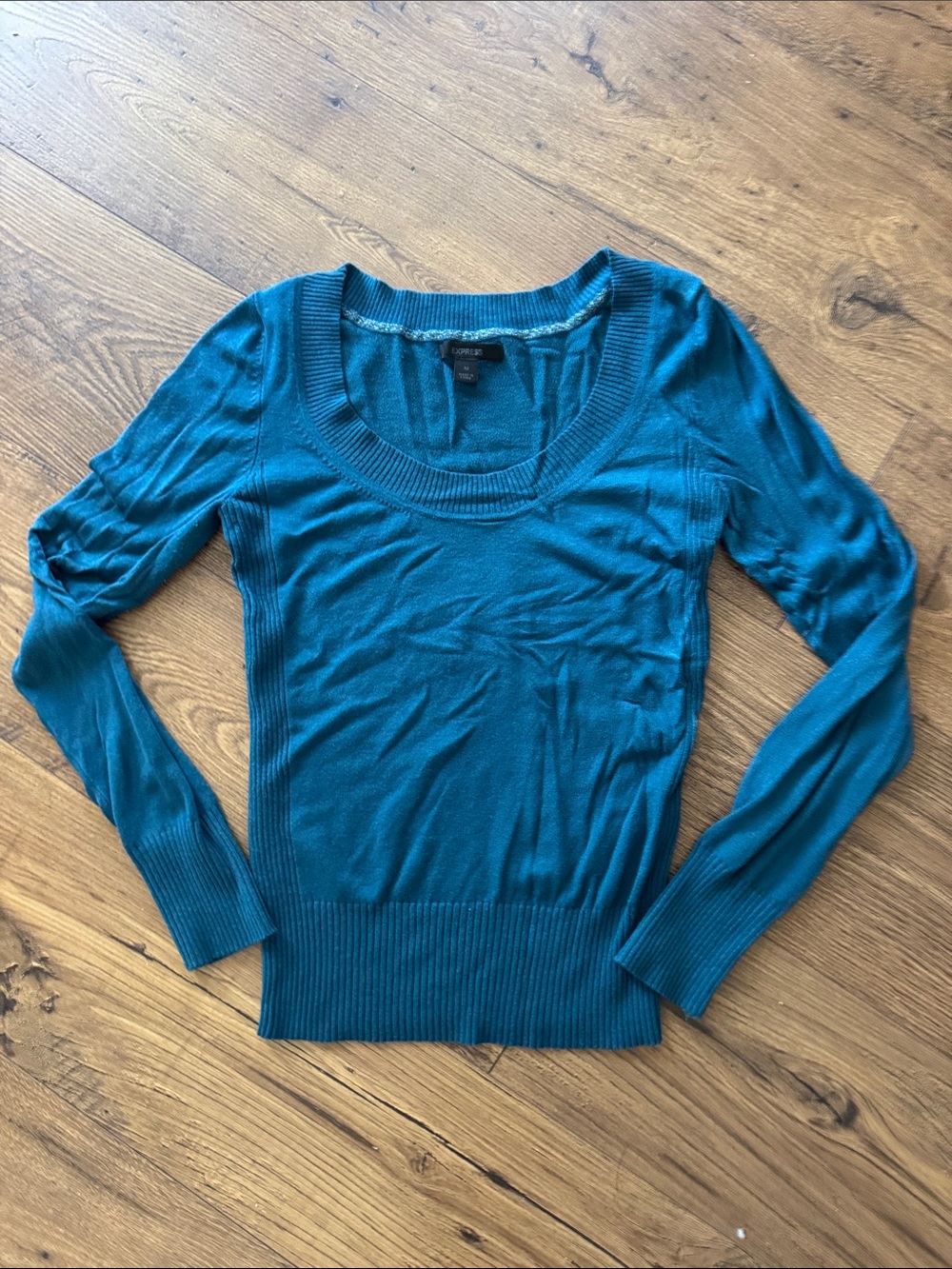 Express Teal Scoop Neck Long Sleeve Knit Top Women Size M